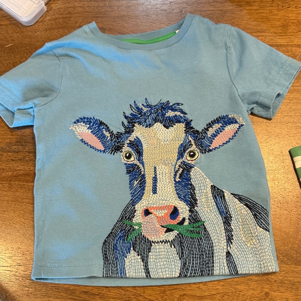 Mini Boden 2-3Y Blue T-Shirt with Cow Crosstitch